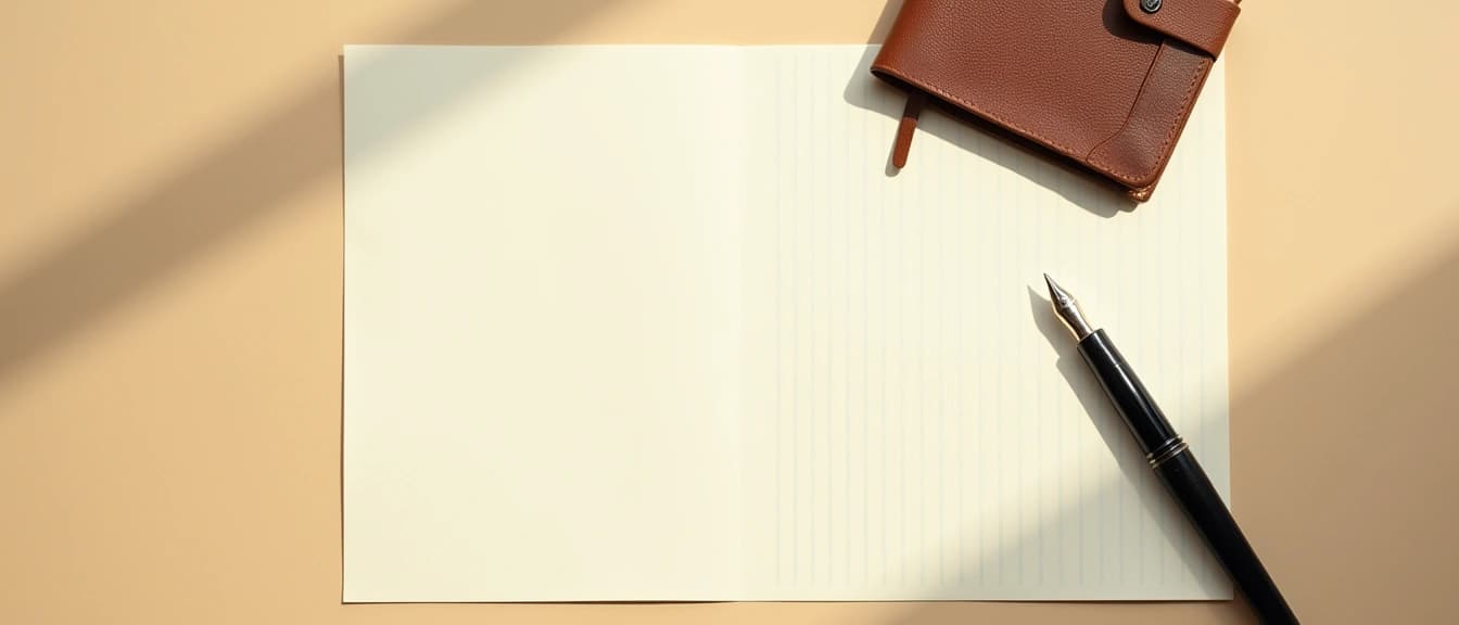 A still-life: a single blank cream paper sheet (the catalog letter) layered over a faintly grid-ruled cream paper (the per-product fix CSV), a black-barrelled fountain pen resting at the bottom-right, and a closed brown leather-bound pocket notebook (the 30-day plan) at the top-right, on a warm cream backdrop in soft afternoon daylight from the upper-left.